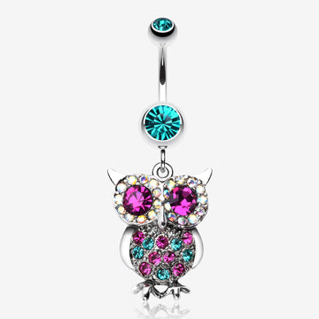 Jeweled Sparkling Owl Dangle Belly Ring-Teal